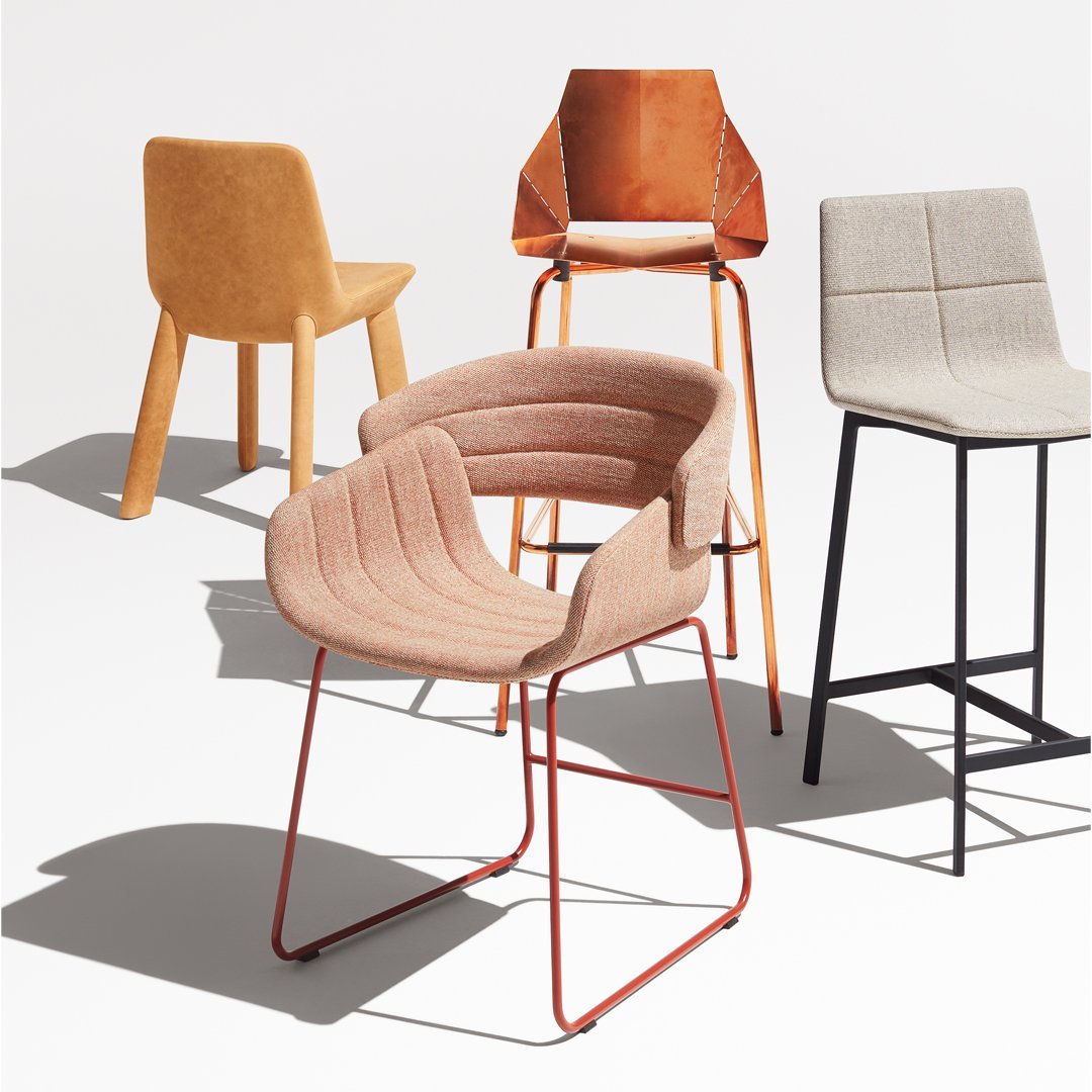 "Collection of modern chairs featuring earthy tones, warm browns, soft pinks, and sleek gray patterns."