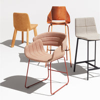 Assorted chairs featuring earthy tones, textured patterns, and sleek metal frames. Perfect for modern interiors.