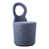Round gray upholstered chair with a unique cutout backrest, featuring a soft textured fabric for modern decor.