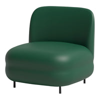 Green curved lounge chair with a smooth, modern finish and minimalist black legs, perfect for contemporary decor.