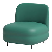 Green upholstered chair with smooth, rounded edges and black legs, showcasing a minimalist design.