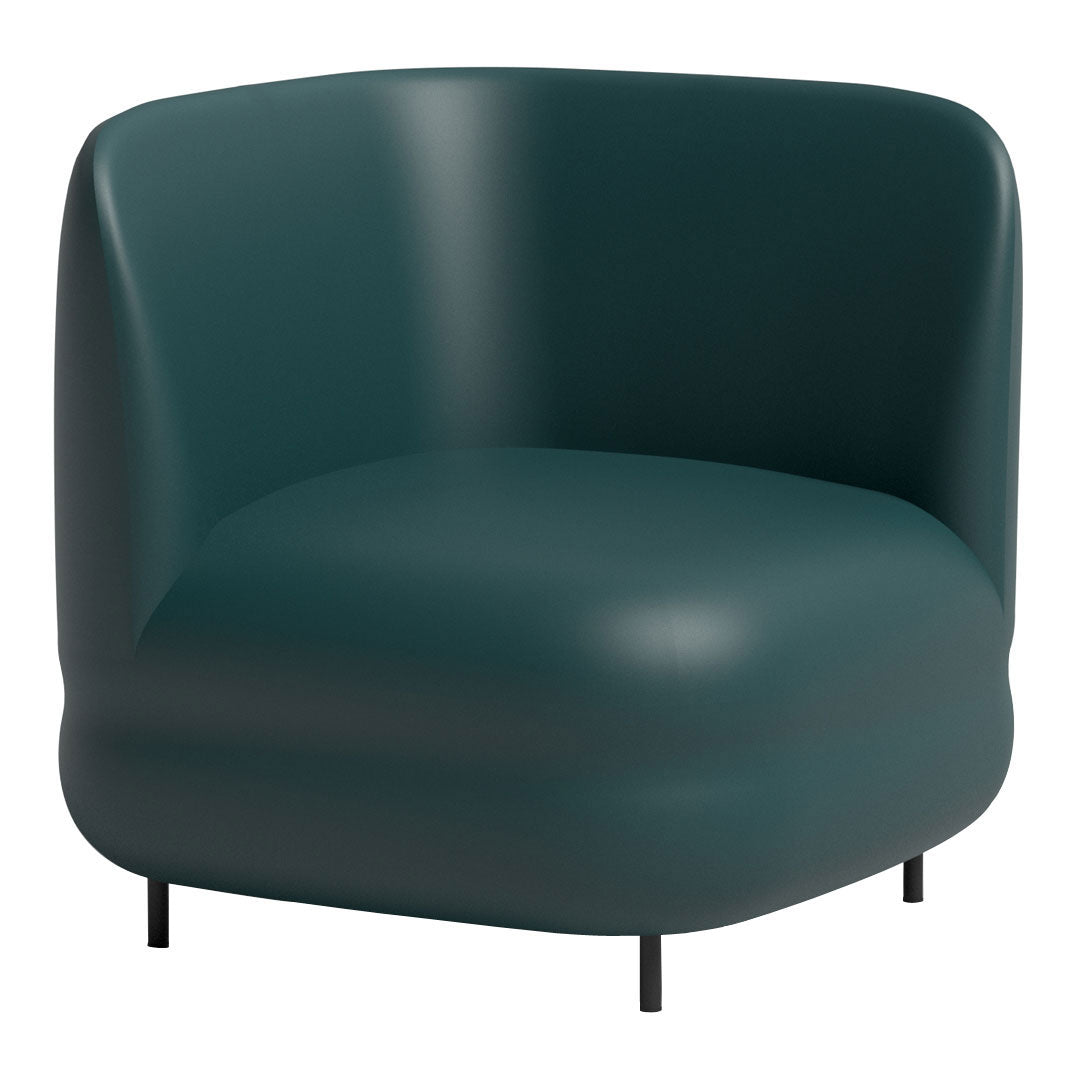 Teal curved accent chair with a sleek, glossy finish and minimalistic design, perfect for modern interiors.
