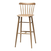 Natural wood bar stool with a light oak finish, featuring a classic slatted back design.