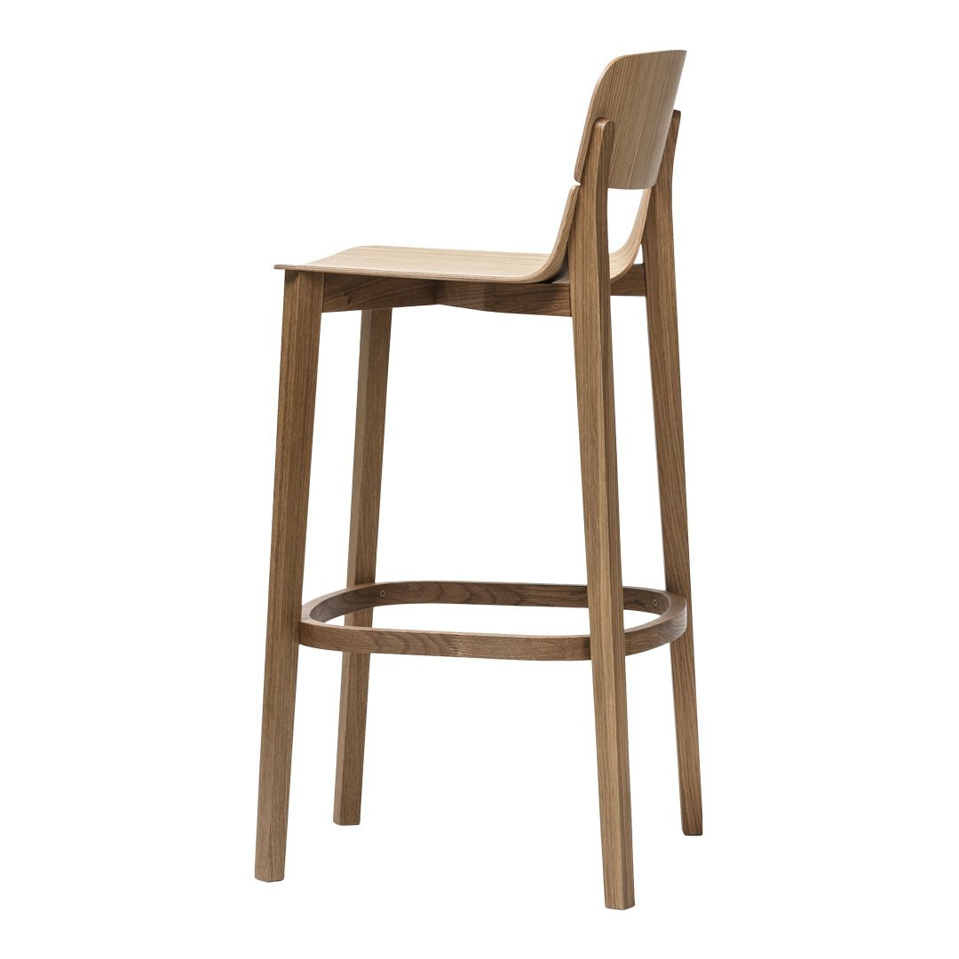 Wooden bar stool in a warm natural finish with a simple, sleek design and smooth, minimalist style.
