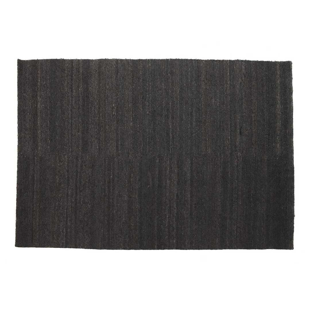 Textured black area rug with subtle gray and brown stripes for a modern, sophisticated touch.