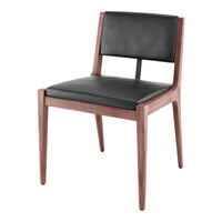 "Modern wooden chair with a rich walnut finish and sleek black leather upholstery."