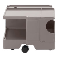 Gray rolling storage cart with a smooth surface and multiple compartments for organization.