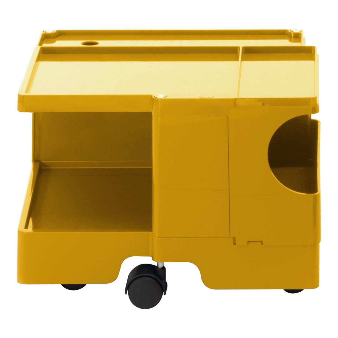 Bright yellow storage cart with a sleek, modern design and open compartments for easy access.