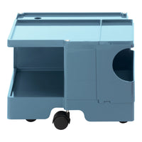 Blue storage cart with a sleek, modern design and rolling casters, featuring smooth surfaces and functional compartments.