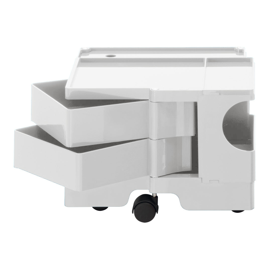 Modern white rolling storage cart with two drawers and a sleek design, featuring smooth surfaces and minimalist appeal.