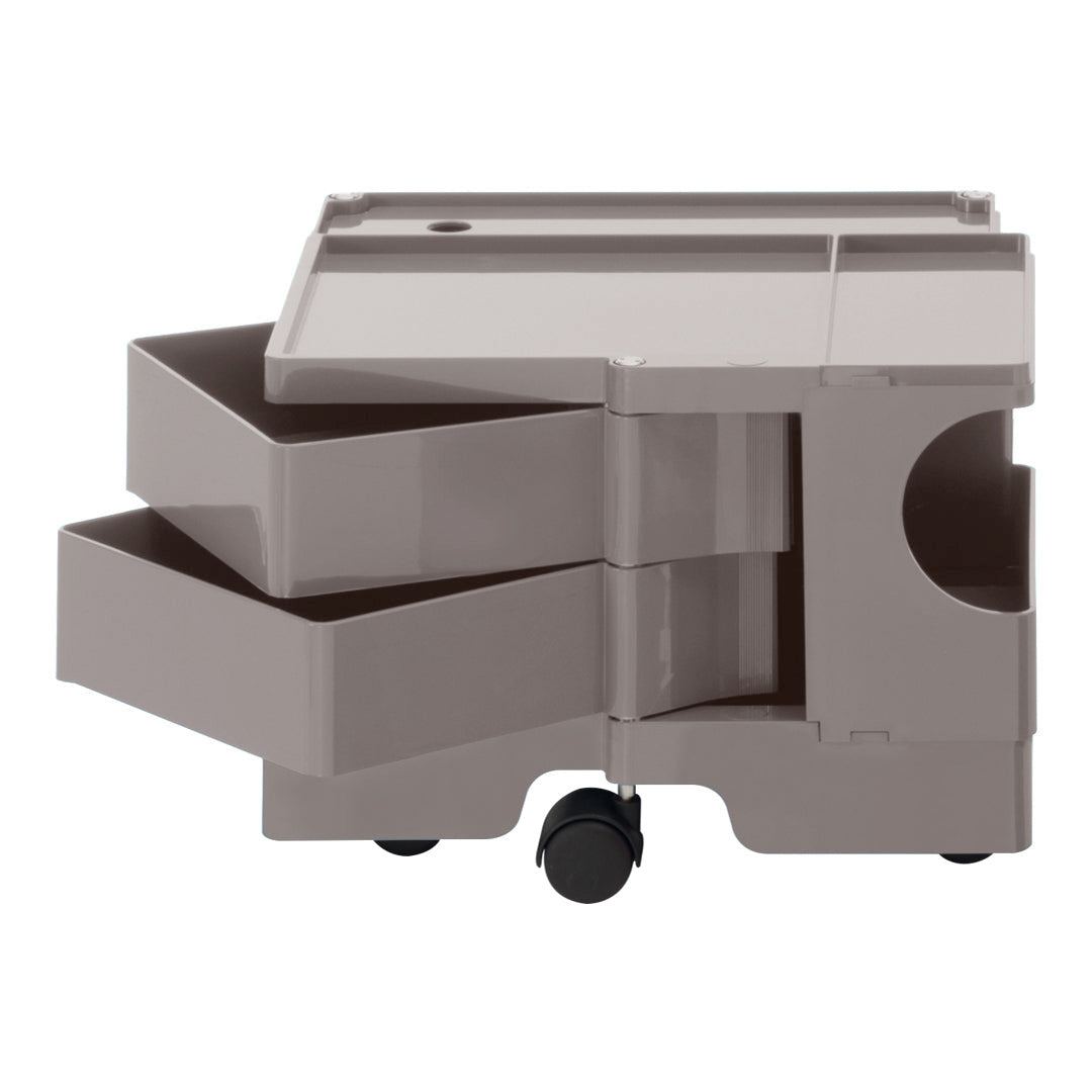 Gray storage cart with two sliding drawers and a sleek, modern design. Smooth finish enhances contemporary style.