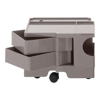 Gray storage cart with two sliding drawers and a sleek, modern design. Smooth finish enhances contemporary style.