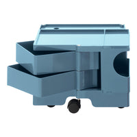 Blue rolling storage cart with three drawers and a sleek, glossy finish, perfect for organizing your space.