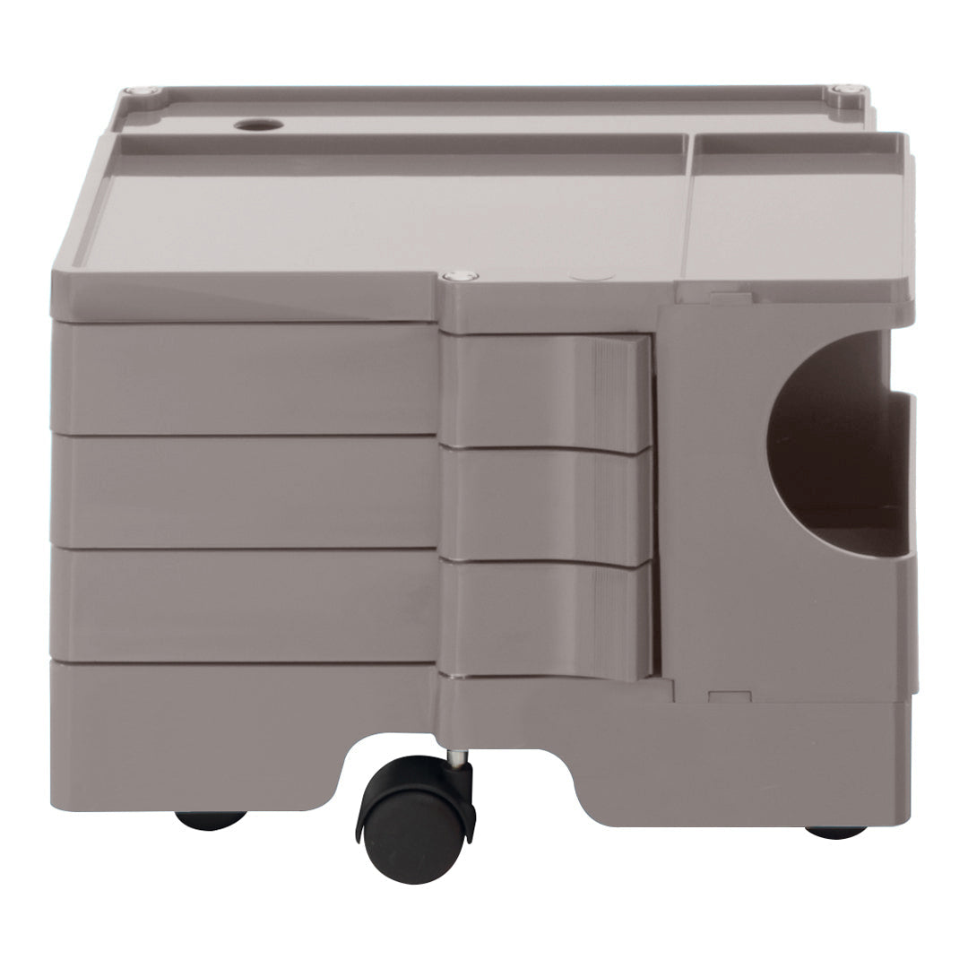 Gray storage cart with layered design and smooth, rolling wheels for easy mobility. Ideal for organized spaces.