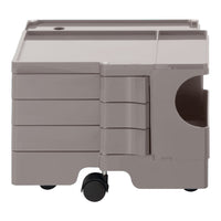 Gray storage cart with layered design and smooth, rolling wheels for easy mobility. Ideal for organized spaces.