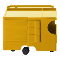 Bright yellow storage cart with a sleek, modern design and smooth finish, featuring multiple drawer compartments.