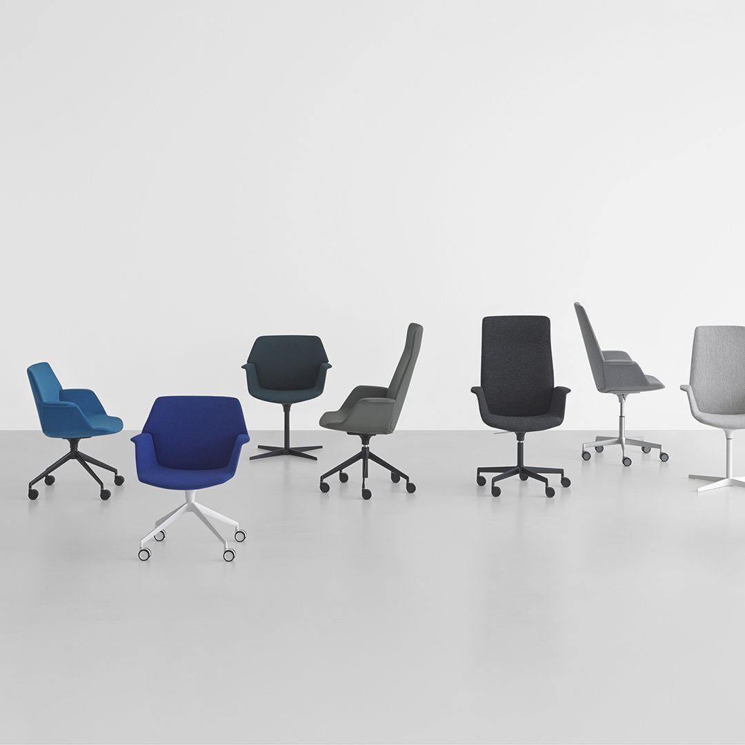 "Variety of office chairs in blue, gray, and black colors with modern, sleek designs against a minimalist backdrop."