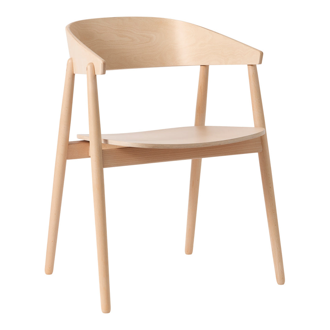 Light natural wood chair with a smooth finish and minimalist design, featuring soft curves and clean lines.