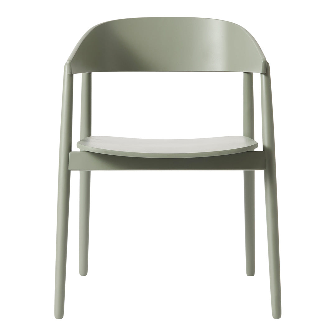 Modern green chair with a matte finish and simple design, featuring a light gray seat for a fresh aesthetic.