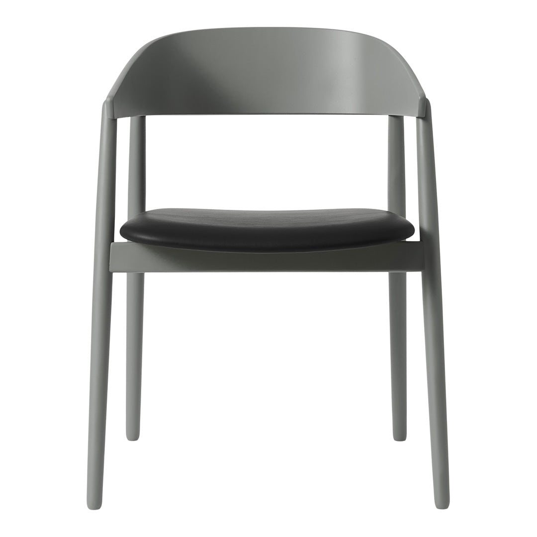 Gray chair with a sleek matte finish and a contrasting black leather seat, perfect for modern interiors.