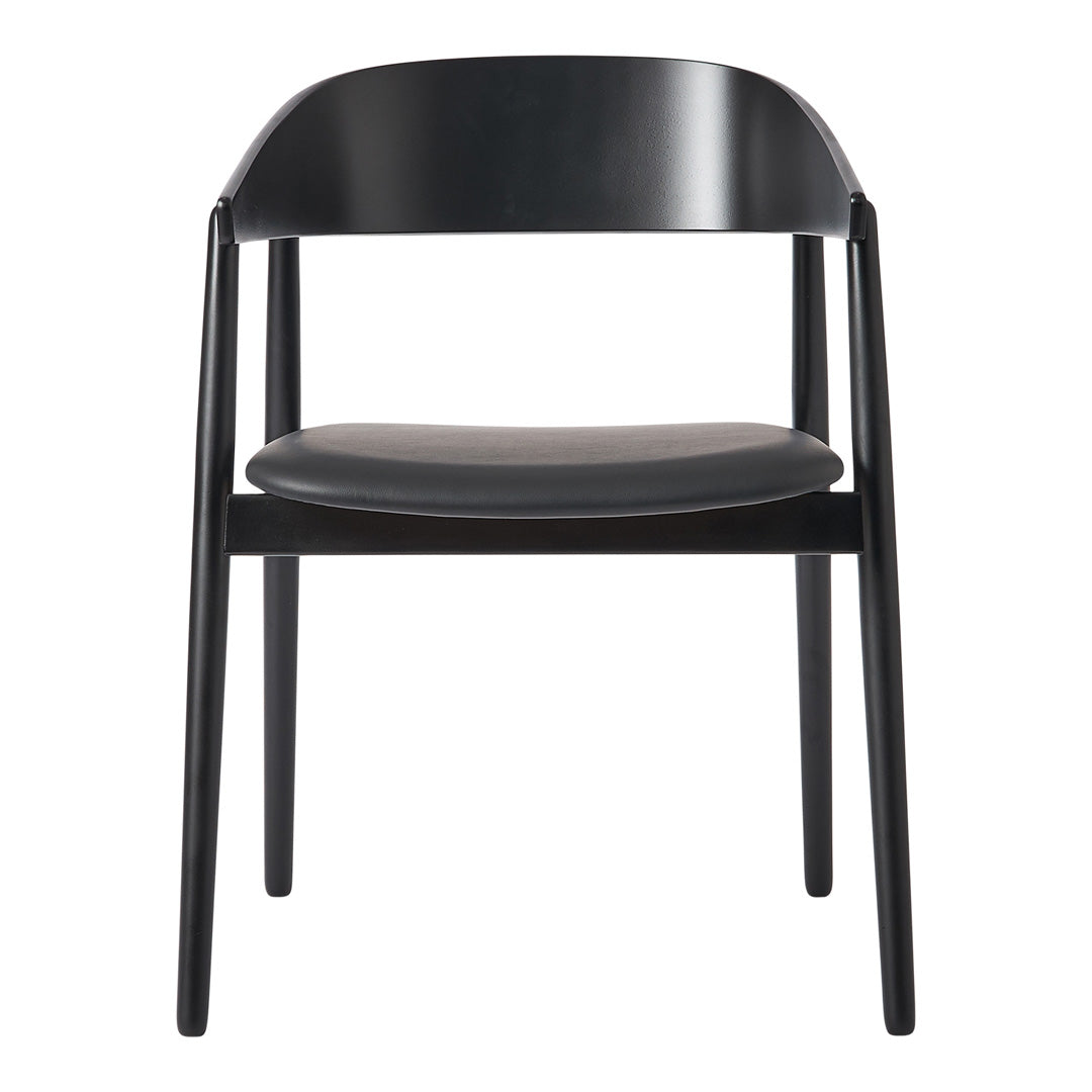 Sleek black chair with a minimalistic design and smooth matte finish, perfect for modern spaces.