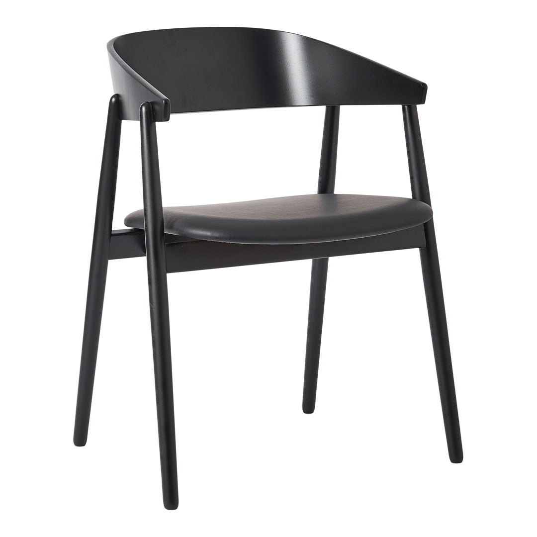 Sleek black chair with a modern design, featuring a smooth matte finish and minimalist style. Ideal for contemporary spaces.