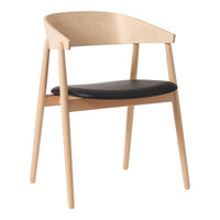 Light wood frame with a smooth black leather seat, featuring a minimalist and modern design.
