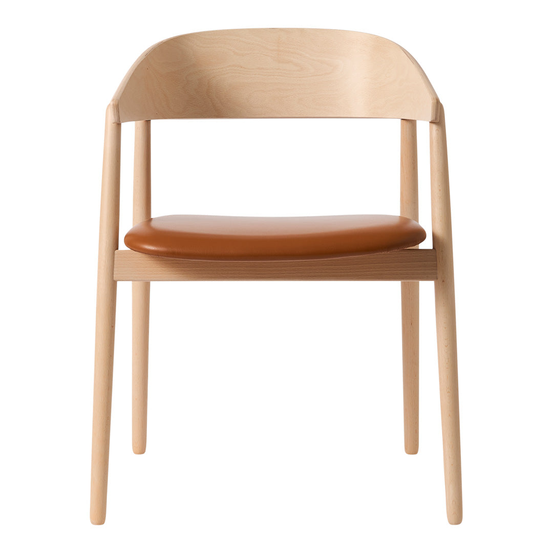 Natural wood chair with a light beige finish and rich caramel leather seat, offering a sleek, minimalist design.