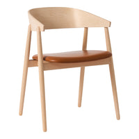 Light wood chair with a curved back and warm brown leather seat, showcasing natural tones and minimalist design.