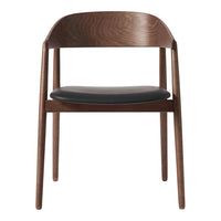 Brown wooden chair with a sleek black leather seat, featuring a minimalist design and smooth finish.