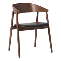 Brown wooden chair with a smooth black leather seat, featuring a sleek, minimalist design. Elegant, modern color palette.