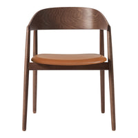 Brown wooden chair with a sleek design featuring a tan leather seat and smooth grain patterns.