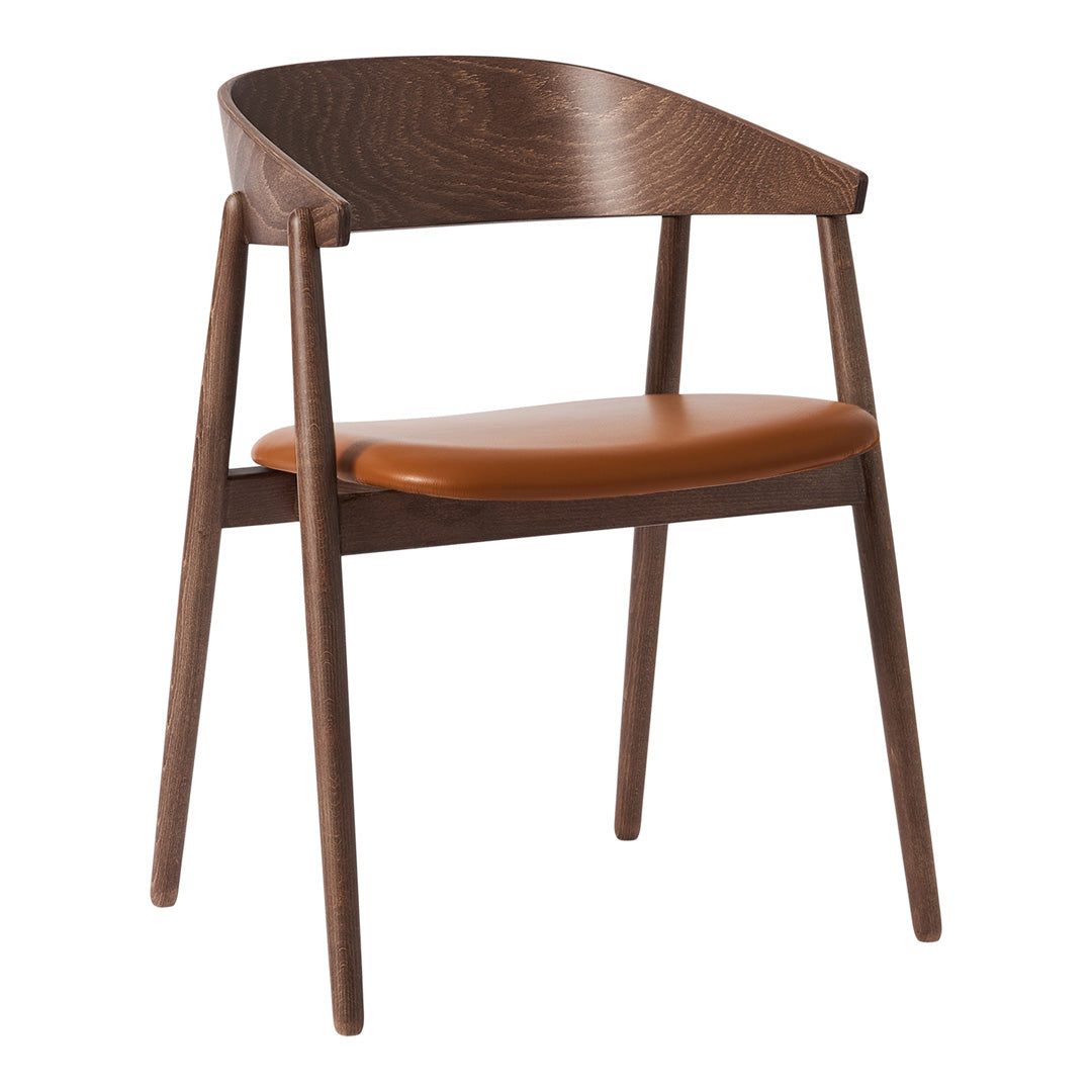Brown wooden chair with a tan leather seat and curved back, featuring a natural wood grain pattern.