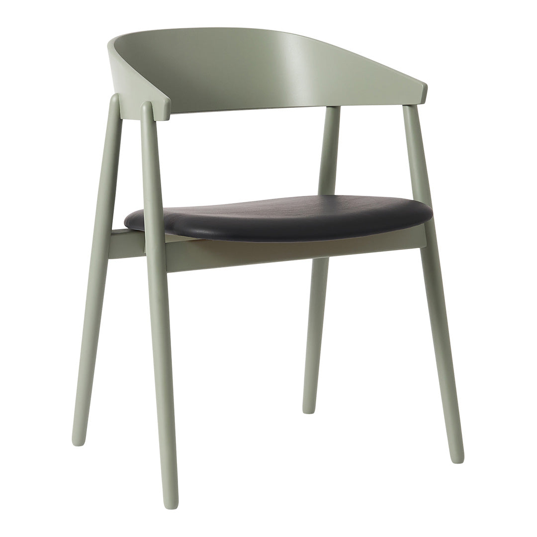 Green wooden chair with a black leather seat, featuring a minimalist design and contemporary aesthetics.