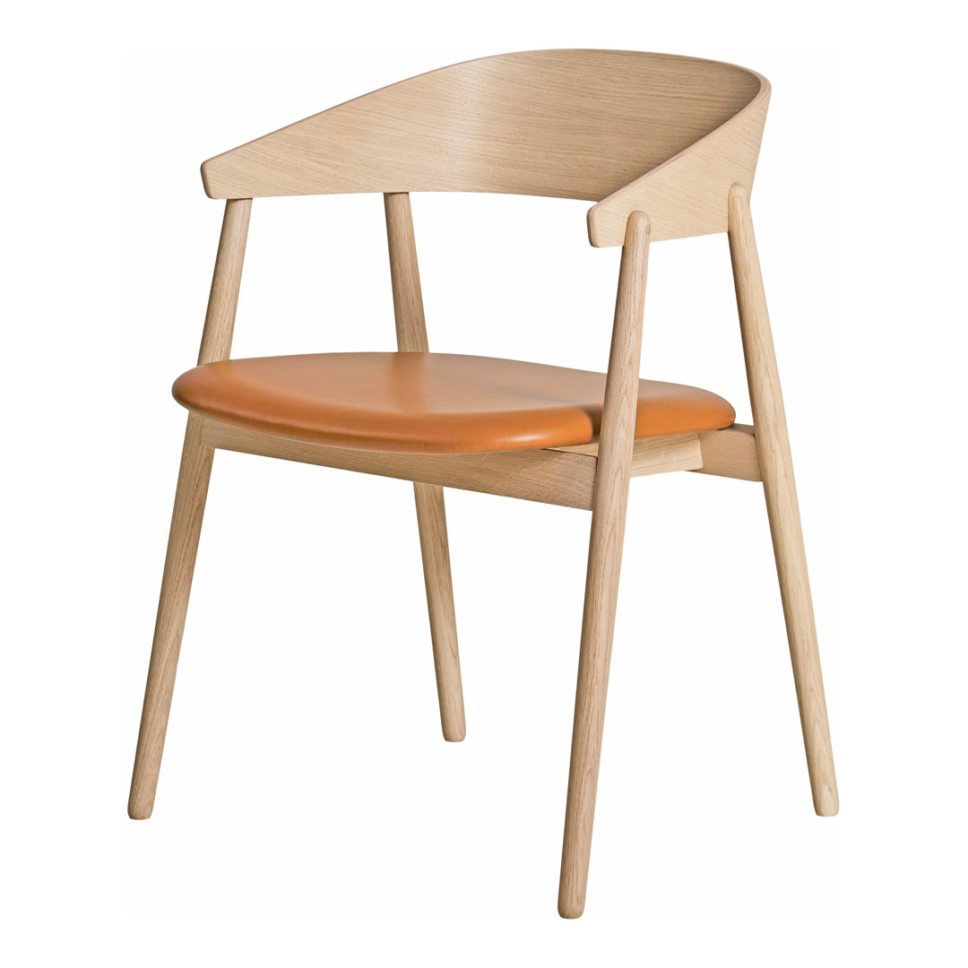 Light oak wood chair with a smooth orange leather seat, showcasing a modern, minimalist design.