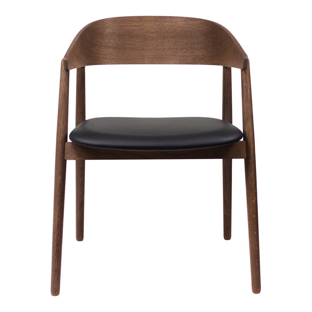 Brown wooden chair with a sleek black seat, featuring a minimalist design and smooth, natural wood grain patterns.