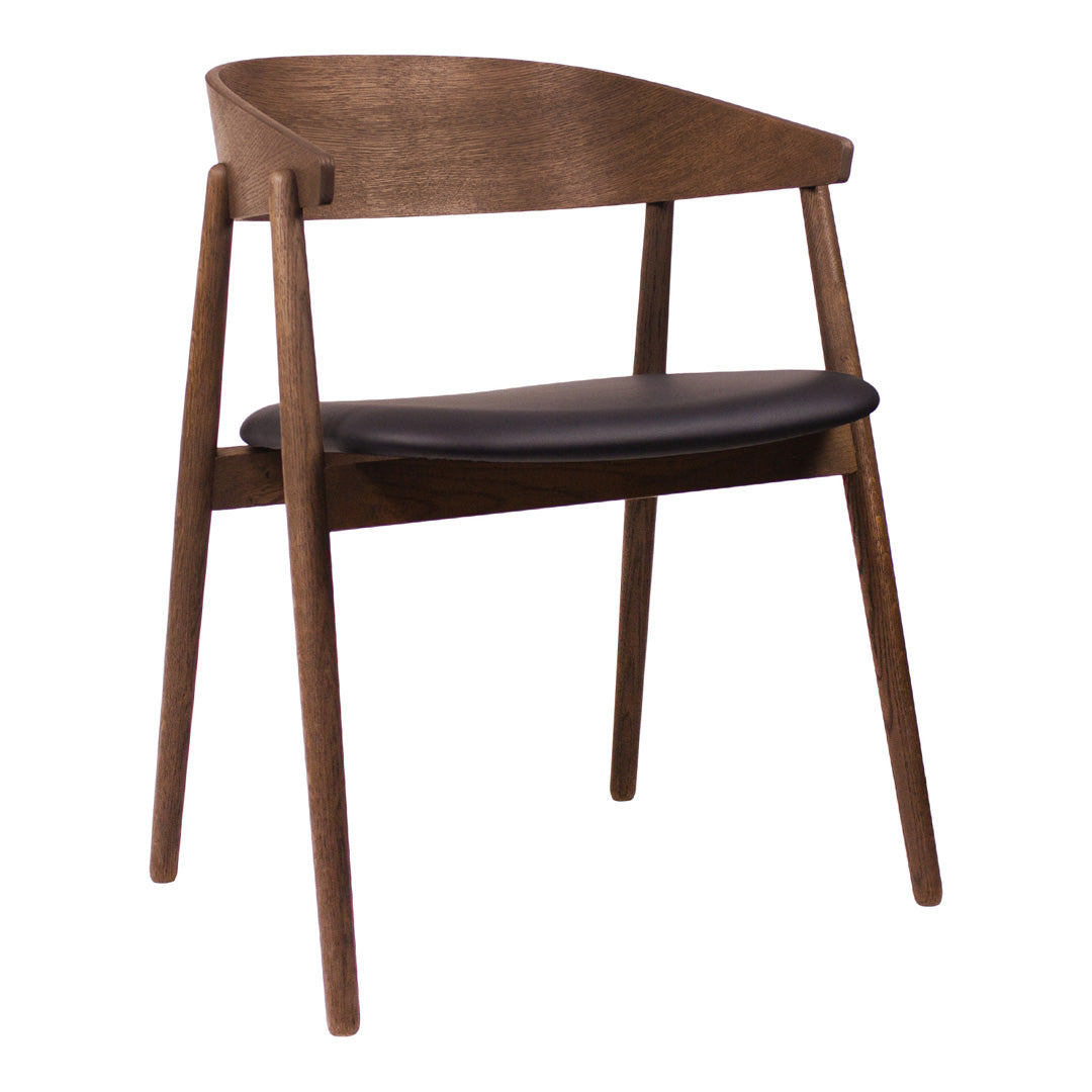 Mid-century chair featuring a rich brown wood frame and a sleek black padded seat. Elegant and modern design.