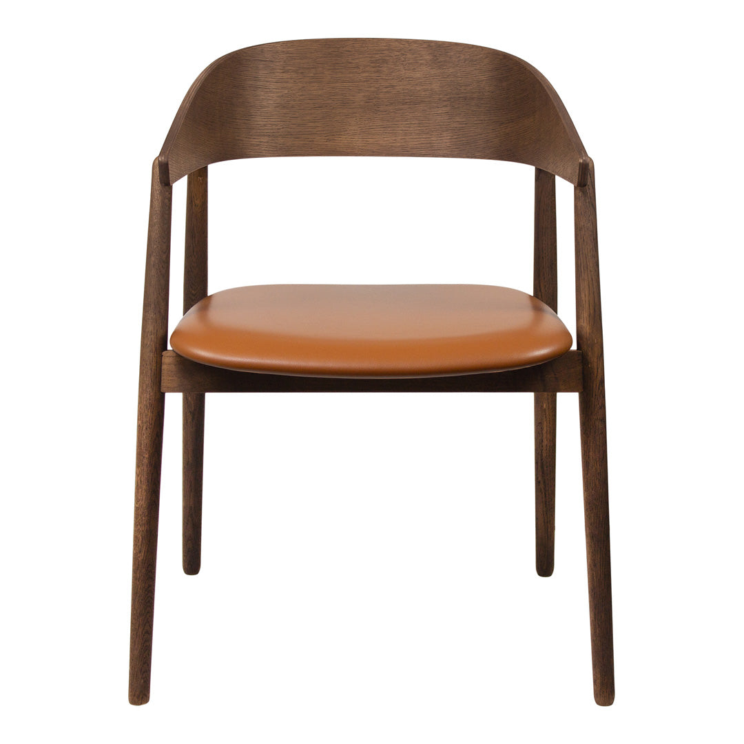 Brown wooden chair with a tan cushioned seat, sleek design and minimalist style. Perfect for modern decor.
