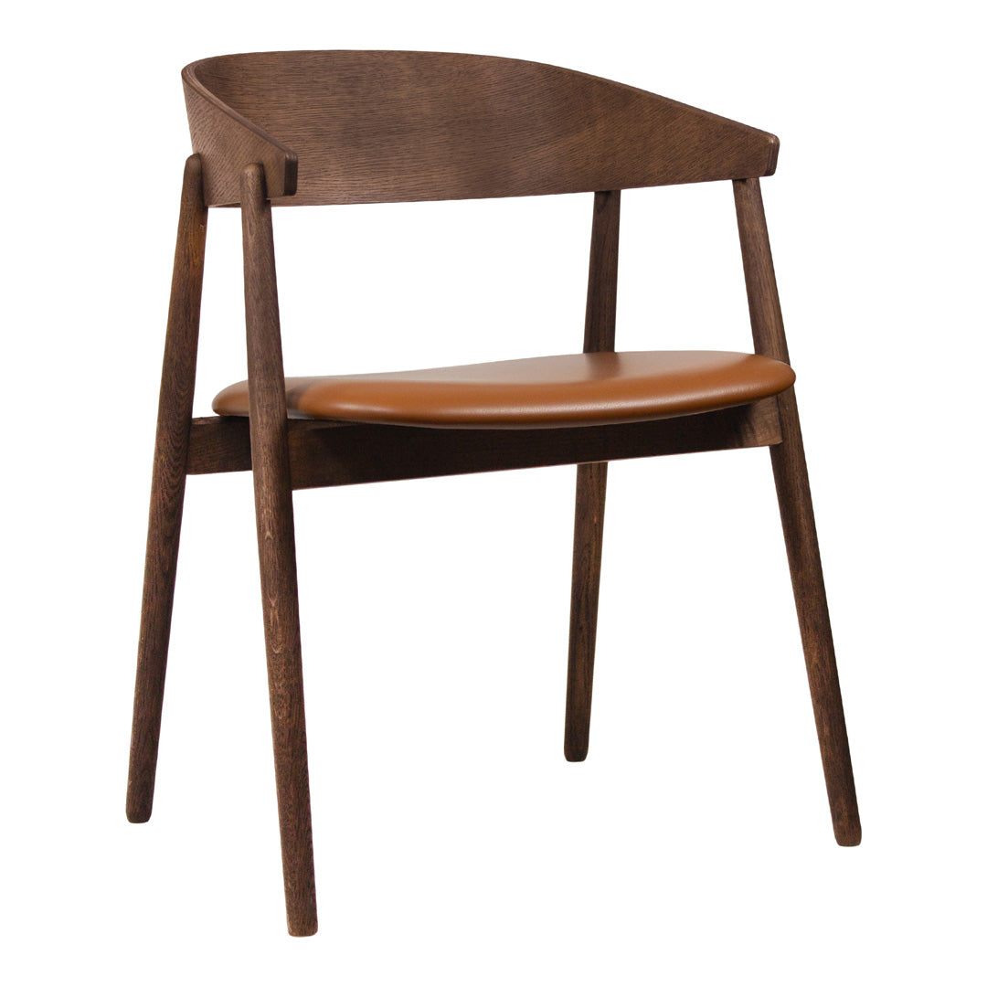 Dark wooden chair with a smooth, warm brown leather seat, featuring clean lines and a minimalist design.