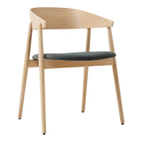 Modern wooden chair with a natural oak finish and a textured dark grey cushion. Sleek, minimalist design.