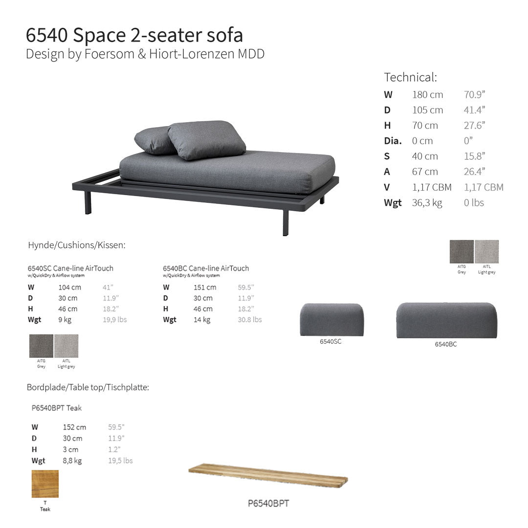 Gray two-seater sofa with smooth finish and minimalist design, featuring a sleek black frame and plush cushions.
