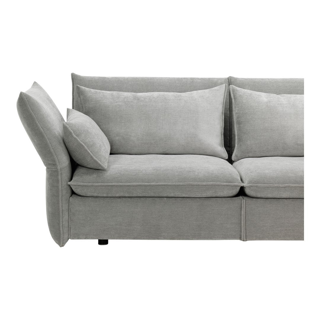 "Modern grey sofa with a sleek design and plush cushions, featuring a textured fabric for added comfort."