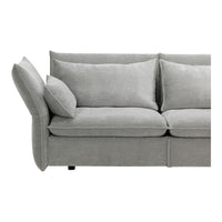 "Modern grey sofa with a sleek design and plush cushions, featuring a textured fabric for added comfort."