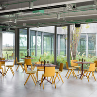 Bright yellow chairs and wooden tables in a modern, open space with large windows and greenery.