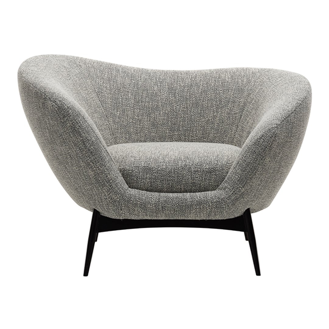Gray upholstered chair with a textured pattern, featuring a sleek black base for modern elegance.