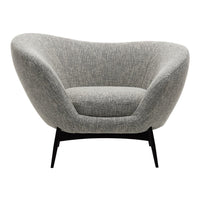 Gray upholstered chair with a textured pattern, featuring a sleek black base for modern elegance.