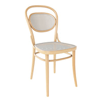 Light wood chair with a natural finish and a premium beige mesh seat and backrest. Elegant and timeless design.