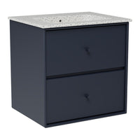 Navy blue two-drawer cabinet with a speckled white countertop. Modern design, clean lines, versatile for any decor.