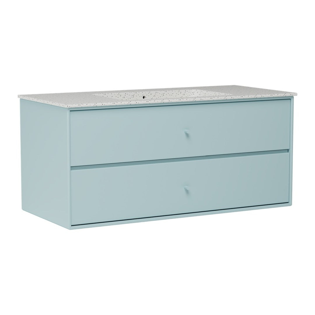Light blue storage cabinet with a textured white top and sleek design, featuring two spacious drawers.
