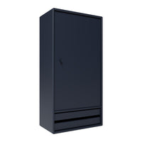 Sleek dark blue wardrobe with a minimalist design and smooth surface, featuring a single handle and two lower drawers.